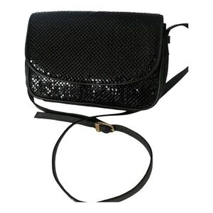 Whiting & Davis Black Leather Black Brass Circle Flat Mesh Crossbody Bag